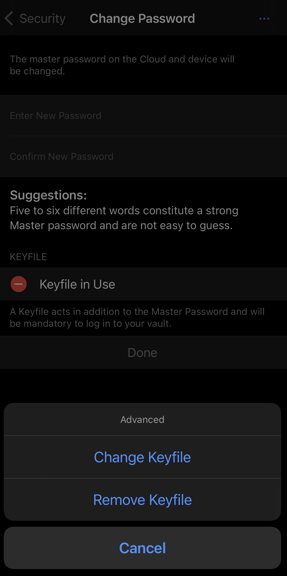 Remove a keyfile in Enpass on iOS device